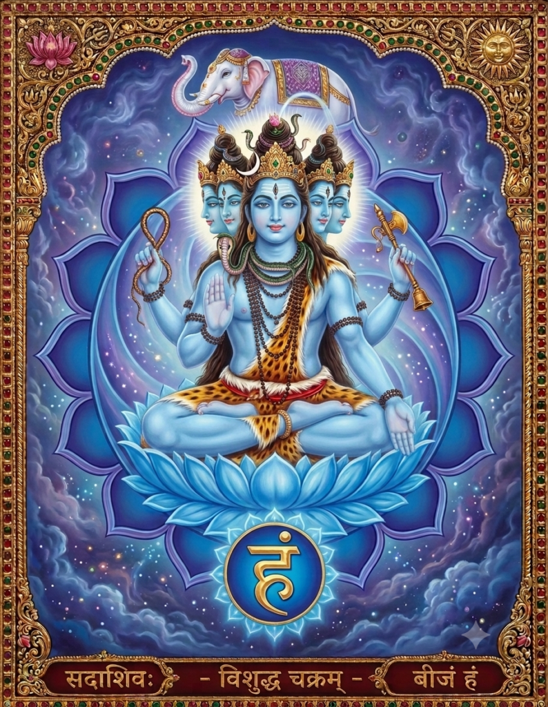 A traditional Indian devotional poster of Sadashiva (a form of Shiva) with five faces and four arms, seated in meditation on a luminous blue lotus within a ornate gold frame.