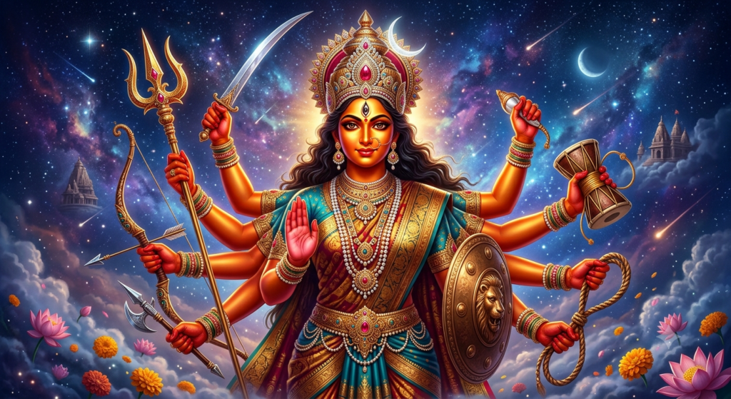 Śivadūtī (The Red-Gold Cosmic Messenger) The goddess Sivaduti, dazzling reddish-gold skin like the midday sun, eight arms holding a trident, a sword, a shield, a bow, an arrow, a noose, a goad, and a damaru drum. Crowned with a brilliant jewel-encrusted tiara and a crescent moon, three glowing eyes, regal posture, cosmic sky background, intricate hyper realistic syle style.