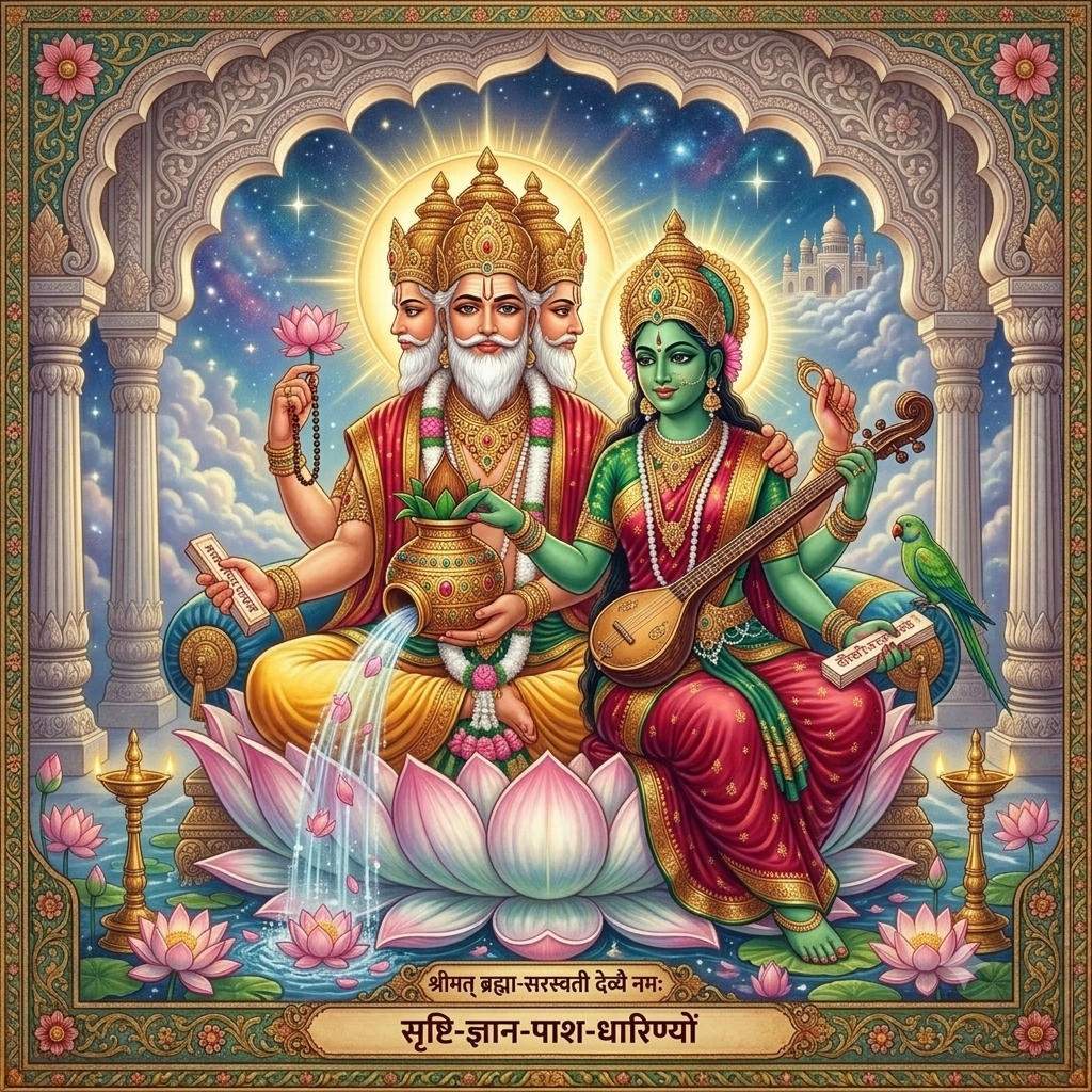 A vibrant, traditional Indian painting showing the four-faced Lord Brahma with a white beard and the green-complexioned Goddess Saraswati seated together on a large pink lotus. Lord Brahma pours glowing water from a golden kamandalu water pot, while Goddess Saraswati holds a stringed veena lute.