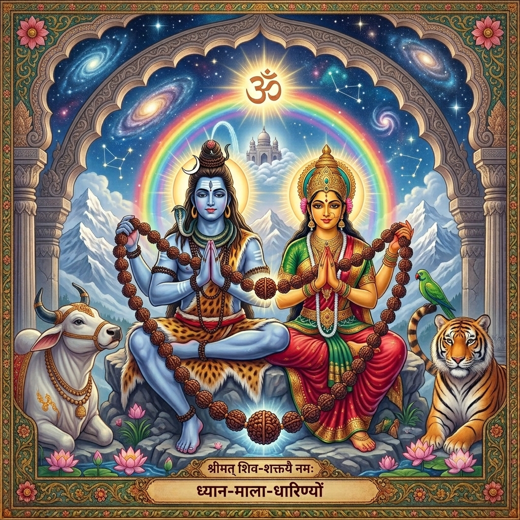 traditional Indian painting showing the blue-skinned Lord Shiva and a radiant goddess seated together against a mountain backdrop. They are jointly holding a large, looping strand of brown rudraksha mala beads that encircles them. A white bull sits on the left, and a tiger sits on the right.