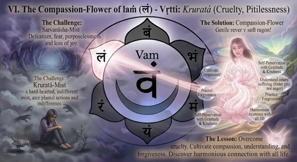 A meditation mandala scene where the top-left petal (laṁ) glows pink, linking two figures. On the left, an indifferent person ignores a suffering bird in a cold mist. On the right, the same person, with a lotus blooming in their heart, gently tends to the bird.
