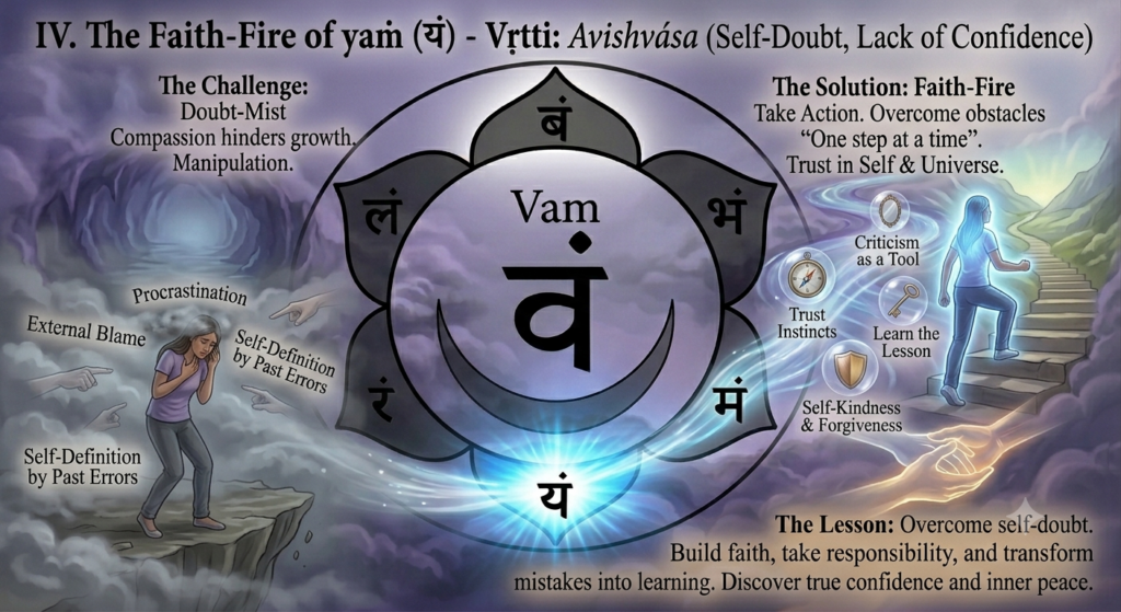 A digital illustration of the six-petaled svadhishthana chakra mandala against a foggy background. The bottom petal, containing the Sanskrit character yaṁ, is brightly highlighted with a radiant blue-white glow. A direct beam of light spans between two illustrative scenes: on the left, a person stands on a cliff surrounded by doubt and blaming fingers; on the right, a confident figure ascends a series of stone steps toward the light. English text overlays summarize the challenge, solution, and lesson.