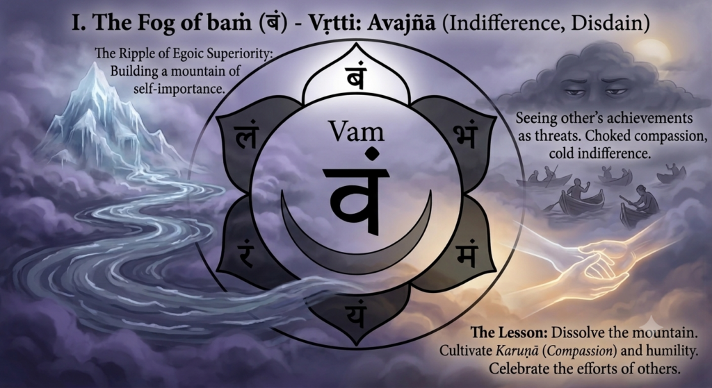 A digital graphic of a six-petaled lotus mandala template representing the svadhishthana chakra. The central circle features a white crescent moon and the black Sanskrit character for the seed syllable Vam. Surrounding the mandala are dark, foggy clouds. On the left, a stream flows down from a jagged, icy mountain. On the right, silhouettes of people in small boats are blanketed by a dark face in the clouds, while below them, two ethereal, glowing hands reach out to clasp each other in compassion. The image is overlaid with instructional English text detailing the spiritual lessons of the BAṀ syllable and Avajñā.