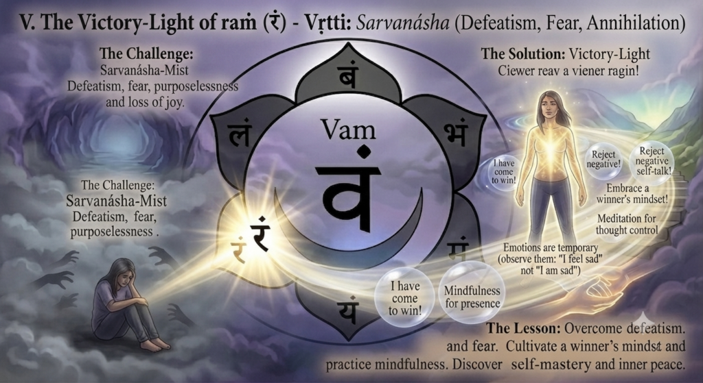 A digital illustration of the six-petaled svadhishthana chakra mandala against a foggy, underwater cave background. The bottom-left petal, which contains the Sanskrit character raṁ, is brightly highlighted with a radiant golden-white glow. A direct beam of golden light from this petal spans between two illustrative scenes: on the left, a person is slumped in despair within a murky fog of defeatism and fear; on the right, a confident, glowing figure stands on a path, radiating a 'winner's mindset' and surrounded by bubbles containing positive affirmations. English text overlays summarize the challenge, solution, and lesson. The central 'Vam' character is retained.