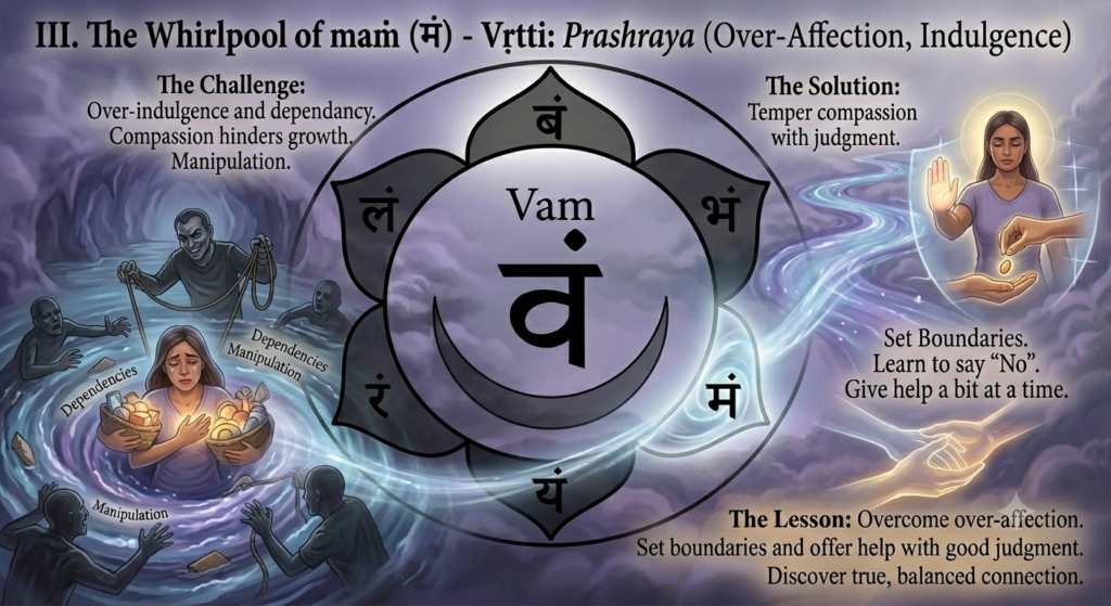 A digital illustration of the six-petaled svadhishthana chakra mandala against a foggy background. The bottom-right petal, containing the Sanskrit character maṁ, is brightly highlighted with a brilliant blue-white glow. A direct beam of light from this highlighted petal spans between two distinct illustrative scenes below and to the right. On the left, a person is pulled into a dangerous whirlpool by shadowy figures. On the right, a serene, meditating figure clearly demonstrates a 'stop' gesture and carefully measures out help. The overall composition is a clear visual representation of the transition from overwhelming, unguided compassion to self-protective judgment. English text overlays are present.