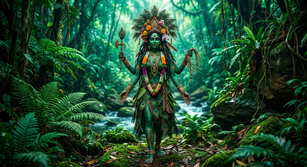 Tvaritā (The Tribal / Emerald Goddess). The Indian goddess Tvarita in her forest Kirata form, deep emerald-green complexion, four arms holding a noose and elephant goad, displaying protective hand mudras. Crowned with vibrant peacock feathers and wild mountain flower garlands. Wearing clothes made of peacocks and forest leaves, three serene eyes, ancient sacred aesthetic. Rich jewel tones, emerald and turquoise lighting, highly detailed classical Indian iconography, photorealistic render.