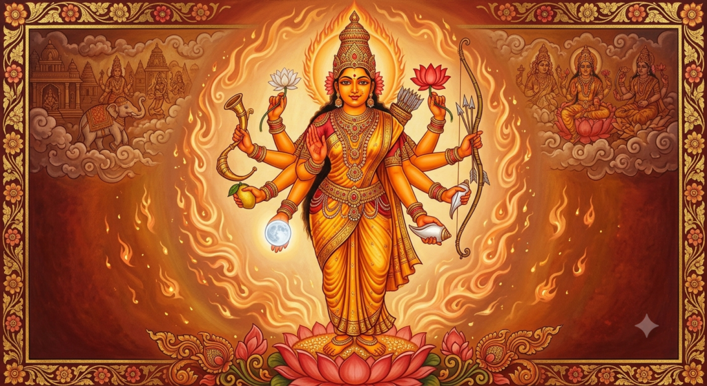 Vahnivāsinī (The Blazing Flame) The Indian goddess Vahnivasini, golden-orange skin shining like an active flame, eight arms holding a red lotus, a white water lily, a sugarcane bow, arrows, a conch shell, a golden horn, a citron fruit, and a full moon. Draped in yellow silk and ruby jewellery, surrounded by a gentle halo of purifying fire, classical Indian sacred art style, vibrant amber and ruby colour palette.