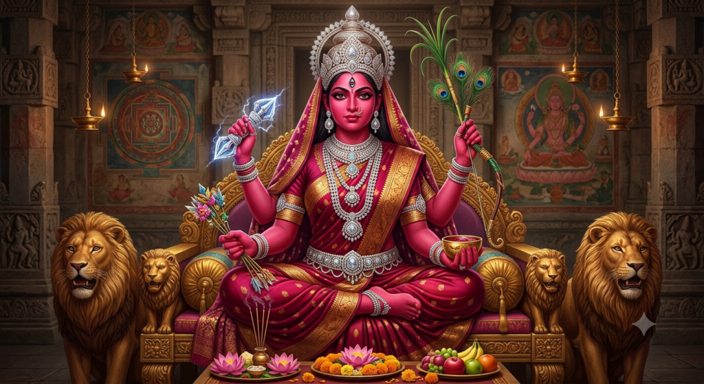 The goddess Vajresvari, deep pink-red complexion like pomegranate blossoms, four arms holding a sugarcane bow, flower arrows, a diamond thunderbolt (vajra), and a golden skull cup. Seated royally upon a grand lion throne, three calm and sharp eyes, regal diamond jewellery,