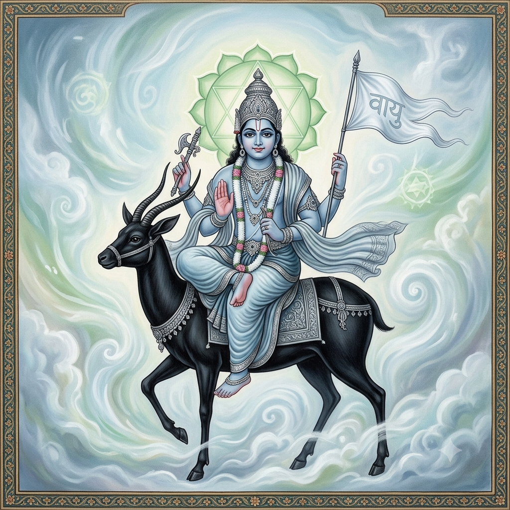 A traditional devotional painting of Lord Vayu, the Hindu god of wind. He has a bluish complexion and is seated on a black antelope amid swirling clouds. He holds a white flag with the Devanagari script for "Vayu" and a goad, with his main hand in a gesture of fearlessness. The Anahata chakra symbol is visible behind him.