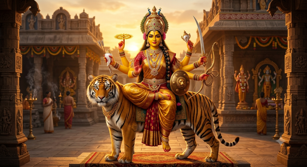 The goddess Vijaya, bright yellow-gold complexion, eight arms holding a conch shell, a spinning discus (chakra), a bow, an arrow, a sword, a shield, a noose, and a goad. Seated courageously on a majestic tiger, victorious regal expression, warm golden lighting, dramatic classical Indian art, highly detailed.