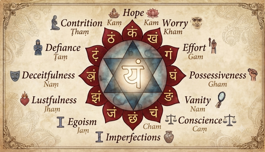 A traditional Tantric illustration on aged parchment, featuring a twelve-petaled red lotus with Devanagari seed sounds and English emotion labels.
