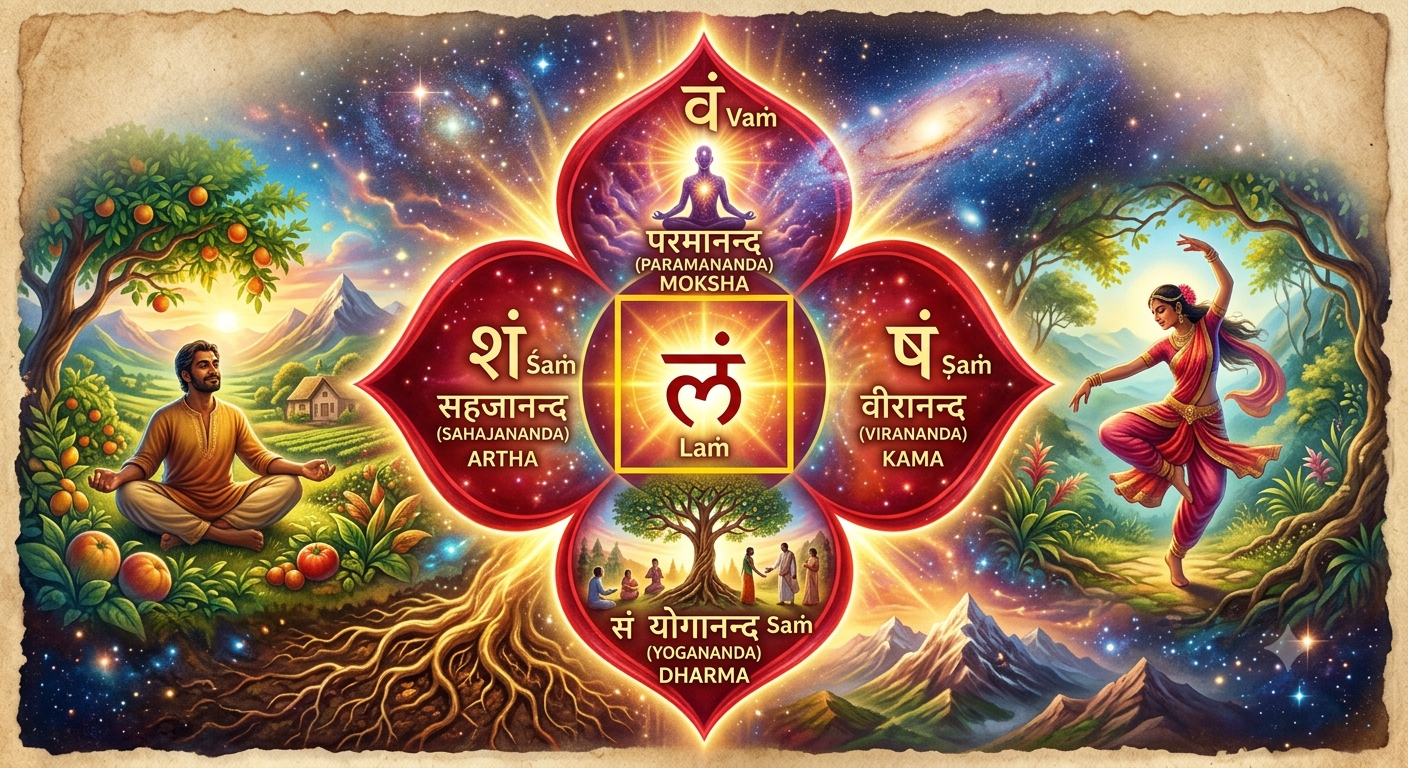 A cosmic and earthy artistic representation of the four-petaled Muladhara Chakra. The central yellow square contains the Sanskrit seed mantra 'Laṁ'. The four red petals feature the Sanskrit vibrations Vaṁ, Śaṁ, Ṣaṁ, and Saṁ, each aligned with its corresponding Vritti (bliss) and Purushartha (life goal: Moksha, Artha, Kama, Dharma). The surrounding imagery beautifully depicts spiritual meditation, natural abundance, artistic dance, and community duty.