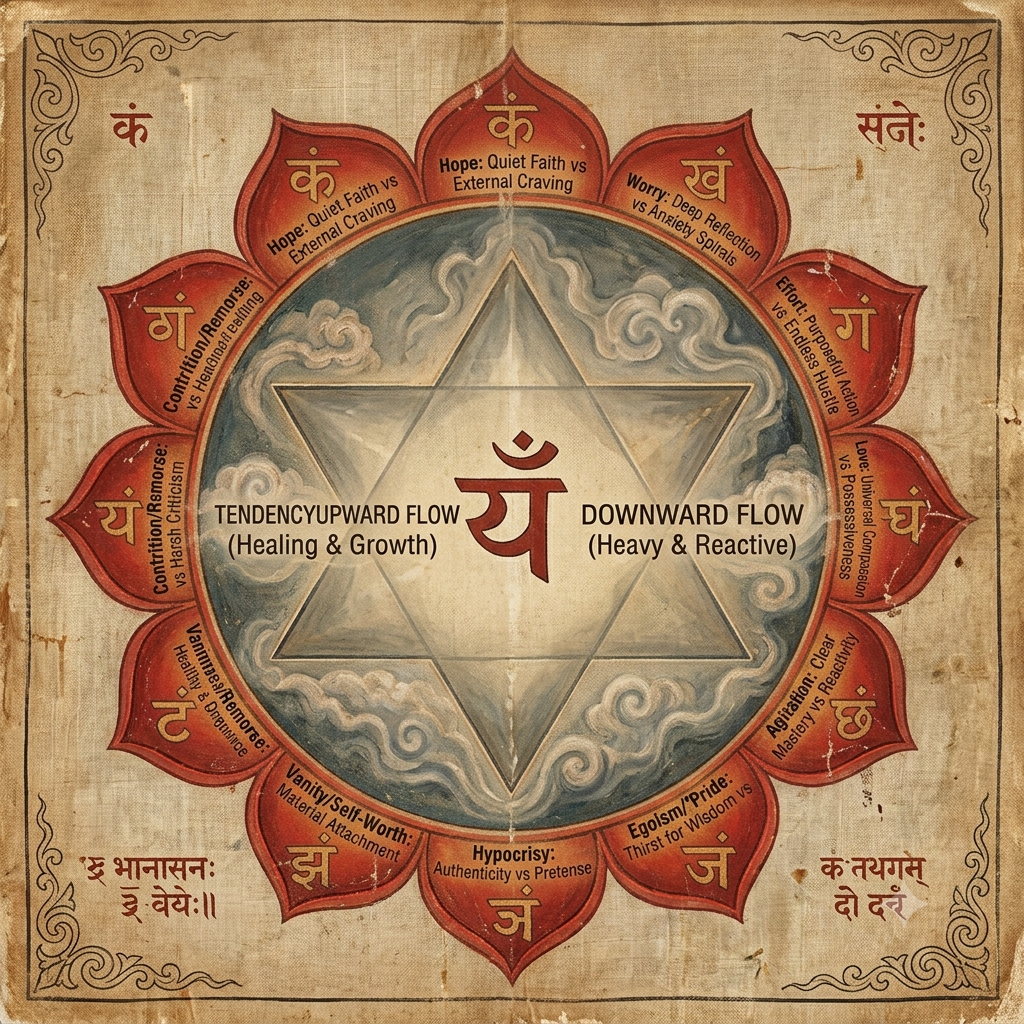 A detailed traditional Tantric mandala artwork on aged parchment, depicting the Anahata Cakra with a twelve-petaled red lotus and a central smoke-colored six-pointed star.