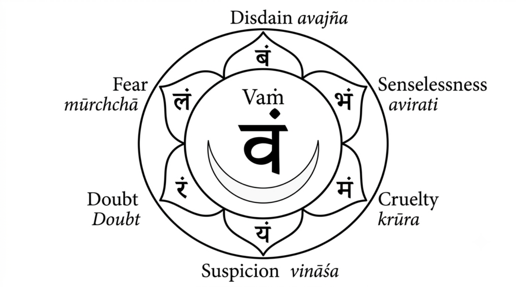 A structural diagram of the six-petaled Svadhishthana sacral chakra, featuring the central Vam seed syllable and corresponding psychological vrittis on each petal.