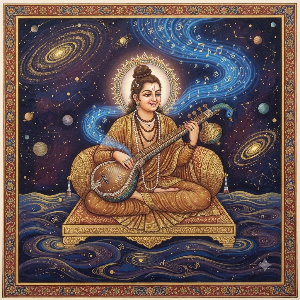 a classic Indian miniature painting style. The brushwork is intricate, the colors are rich and jewel-toned, and the composition, including the patterned border and the depiction of the swirling cosmic energy, aligns with traditional art forms.
