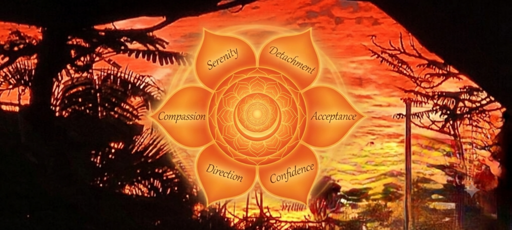 Glowing orange Sacral Chakra symbol with six petals, centered over a dark, fiery sunset seen through a silhouetted arch, with the words Serenity, Detachment, Acceptance, Confidence, Direction, and Compassion inscribed on the petals.