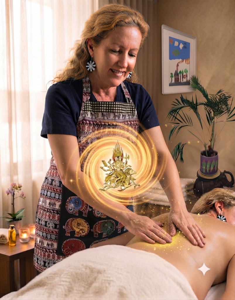 Sarah channeling golden energy with an inner icon of Agni into a client's back during a somatic healing session.
