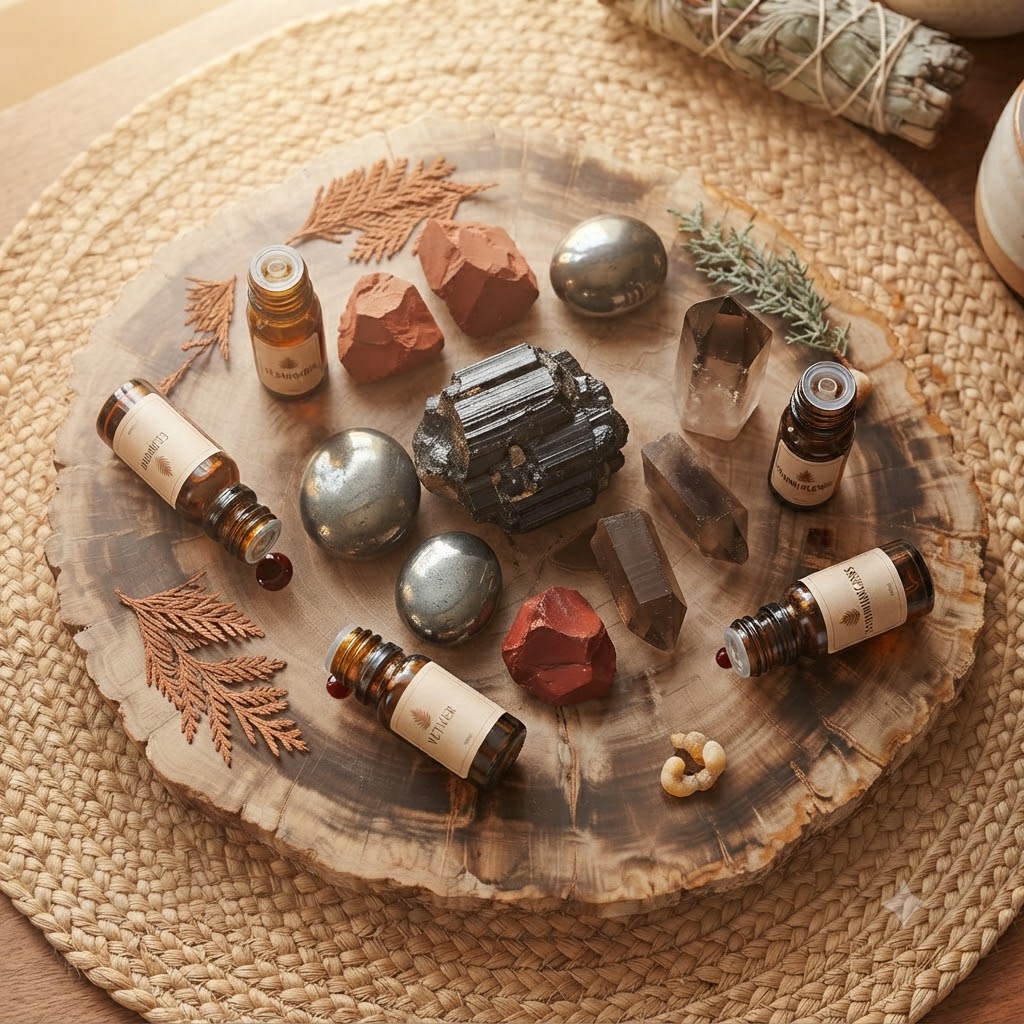 Flat lay of grounding gemstones Black Tourmaline Hematite Red Jasper and essential oils Vetiver Cedarwood - New Age Throat Chakra