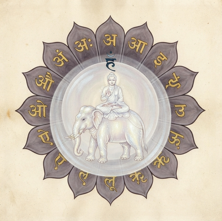 A traditional illustration of the Vishuddha chakra yantra featuring a smoky-grey 16-petaled lotus with Sanskrit vowels written in gold on each petal. At the center is a transparent, luminous white sphere representing the Akasha Tattwa element of space, containing a white figure dressed in white seated upon a white elephant. Above them, the blue seed mantra Ham is inscribed with a crescent moon and bindu dot.