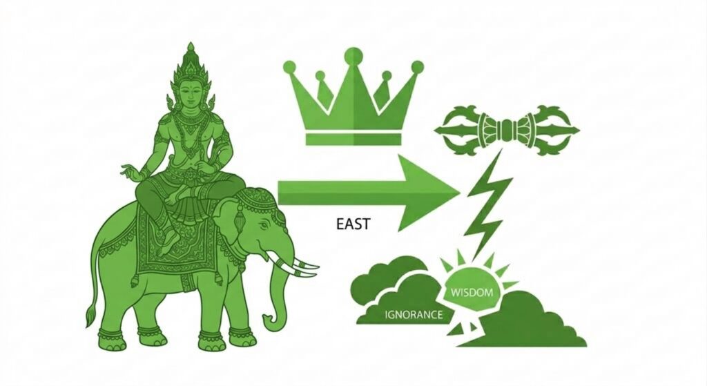 Green arrow pointing in the direction of East, the direction of Wisdom over ignorance