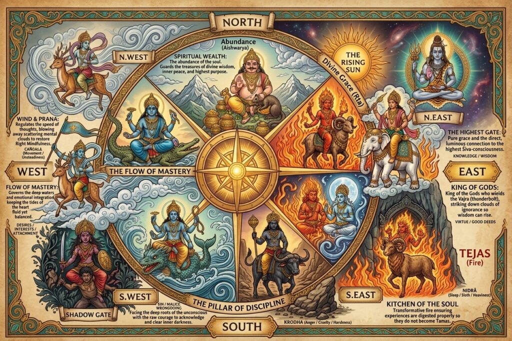 A circular classical mandala depicting the eight directional guardians (Ashta-Dikpalas) around the Hrit Chakra, complete with their elemental attributes and psychological gateways.