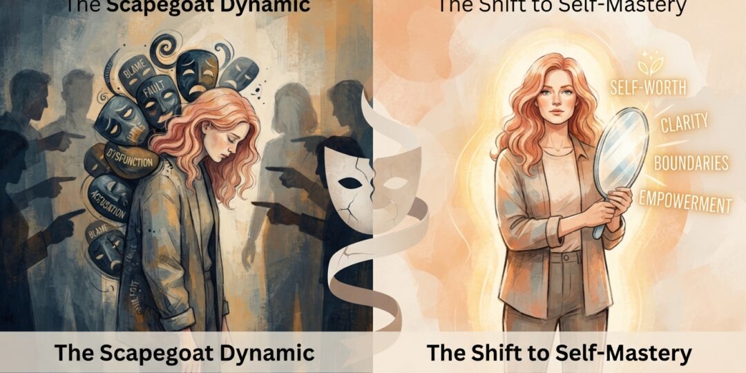 An illustration split vertically. On the left, a woman with strawberry-blonde hair surrounded by pointing fingers and burdened by masks labeled "Blame" and "Fault." On the right, the same woman stands empowered, holding a mirror that reflects light and the words "Self-Worth, Clarity, Boundaries, Empowerment.