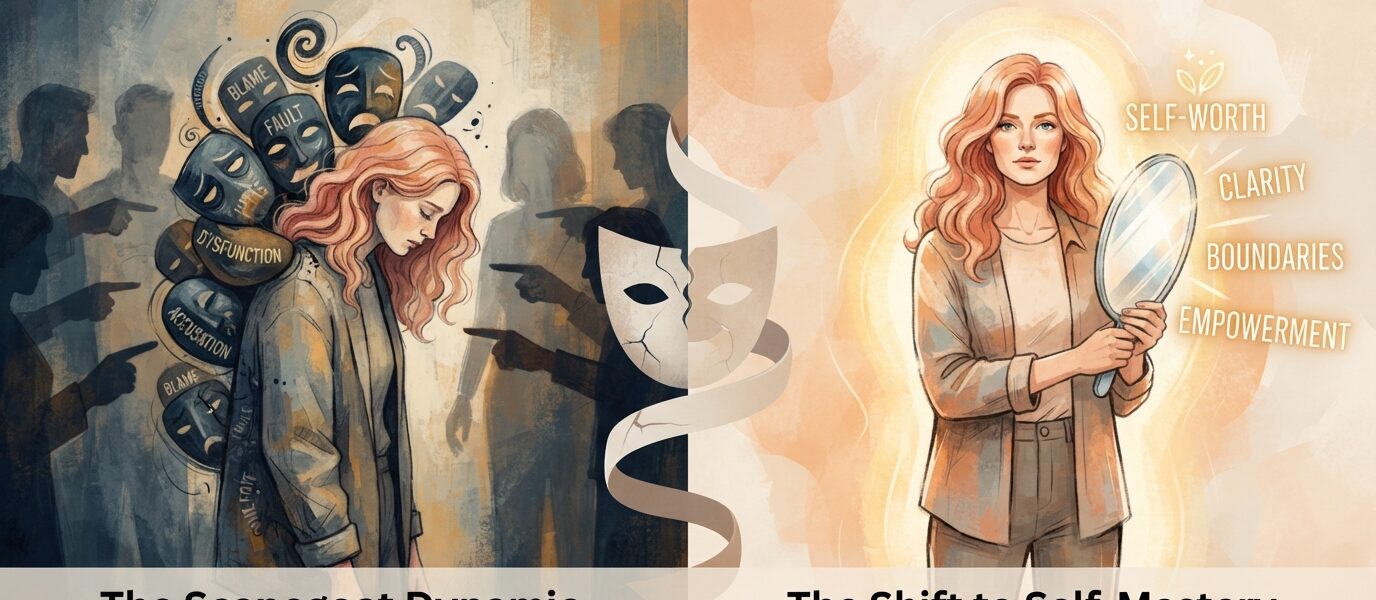 An illustration split vertically. On the left, a woman with strawberry-blonde hair surrounded by pointing fingers and burdened by masks labeled "Blame" and "Fault." On the right, the same woman stands empowered, holding a mirror that reflects light and the words "Self-Worth, Clarity, Boundaries, Empowerment.