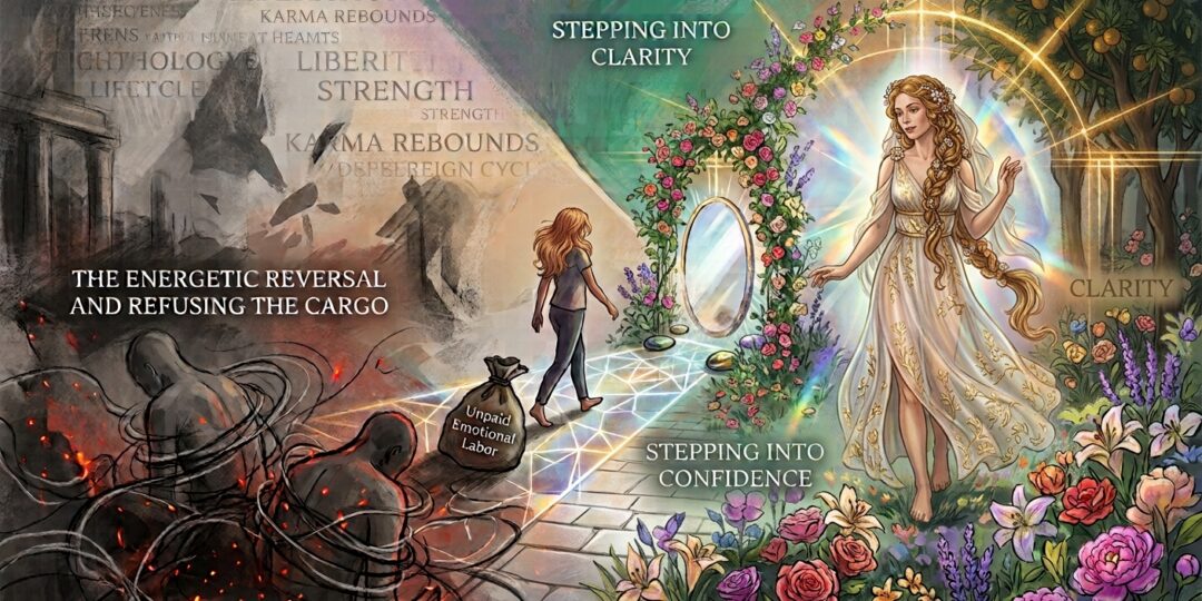 A split-screen conceptual art piece illustrating personal transformation. The dark left side shows a woman leaving behind crumbling ruins and two figures bound by fiery chains, with a discarded bag labeled 'Unpaid Emotional Labor'. A fragmented light path leads her to the right side, where she steps through a floral archway into a sunlit, blooming garden. The right side features a radiant, goddess-like figure in a flowing white gown surrounded by sacred geometry, with blooming flowers and trees. Text on the left reads: 'THE ENERGETIC REVERSAL AND REFUSING THE CARGO'. Text on the right reads: 'STEPPING INTO CLARITY' and 'STEPPING INTO CONFIDENCE'. The entire composition uses color, lighting, and symbolism to depict the journey from trauma to healing.