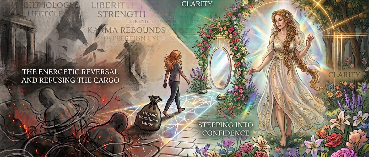 A split-screen conceptual art piece illustrating personal transformation. The dark left side shows a woman leaving behind crumbling ruins and two figures bound by fiery chains, with a discarded bag labeled 'Unpaid Emotional Labor'. A fragmented light path leads her to the right side, where she steps through a floral archway into a sunlit, blooming garden. The right side features a radiant, goddess-like figure in a flowing white gown surrounded by sacred geometry, with blooming flowers and trees. Text on the left reads: 'THE ENERGETIC REVERSAL AND REFUSING THE CARGO'. Text on the right reads: 'STEPPING INTO CLARITY' and 'STEPPING INTO CONFIDENCE'. The entire composition uses color, lighting, and symbolism to depict the journey from trauma to healing.